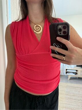 Sleeveless Surplice Ribbed Tank Top - Coral Pink